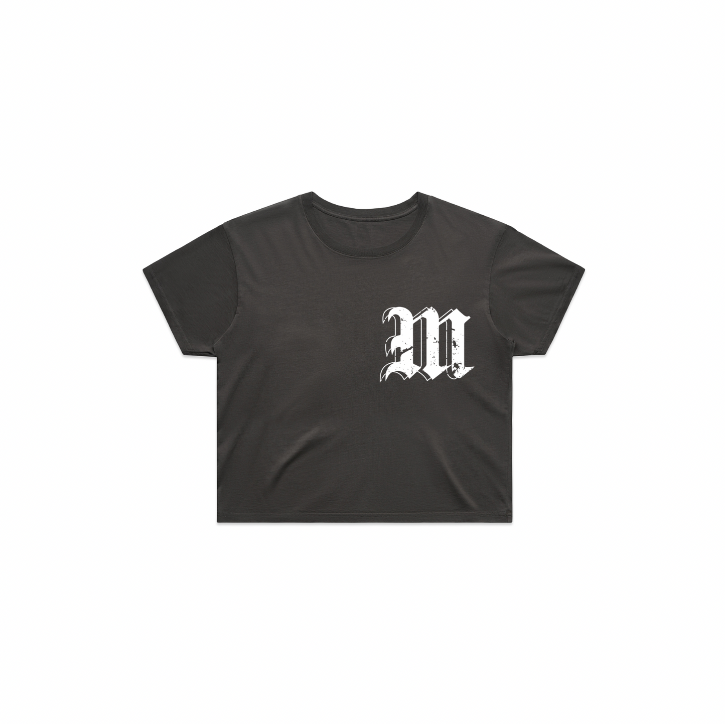 The front of MMNS Crop in Black is made of 100% USA combed cotton.