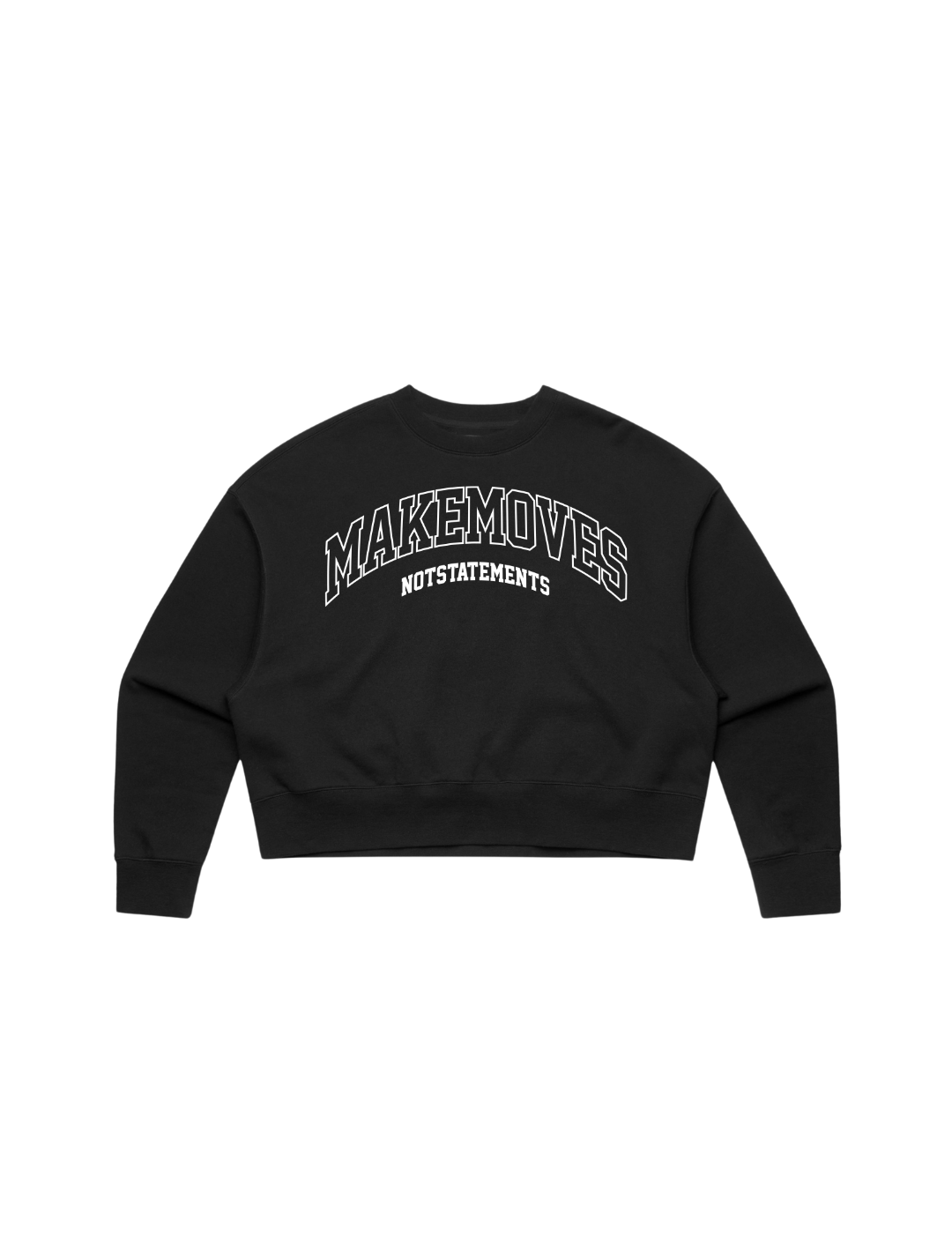 The Make Moves Not Statements long sleeve sport crop top is 100% cotton, french terry. The crop top features a large MMNS logo across the front in white outlined font.