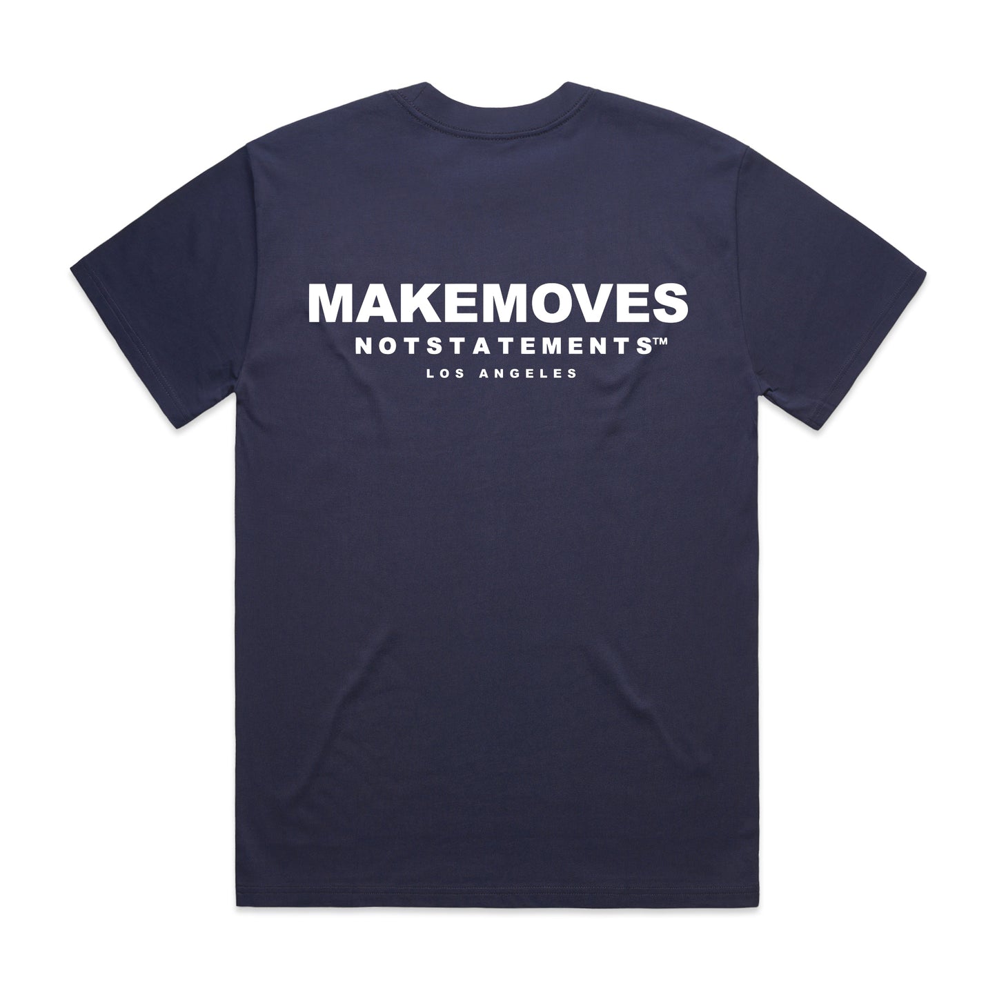 The MMNS Basic Tee in Navy is made of 100% USA combed cotton. The Basic Tee features a small MMNS corner logo on the front and a large MMNS logo on the back in white font.
