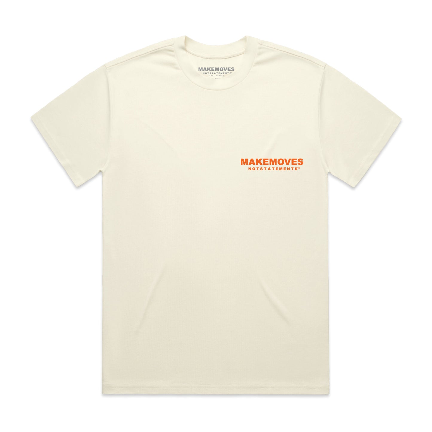 The MMNS Basic Tee in Bone is made of 100% USA combed cotton. The Basic Tee features a small MMNS corner logo on the front and a large MMNS logo on the back in orange font.