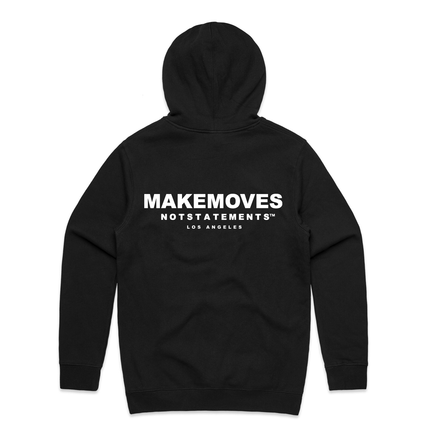 The back of the luxury hoodie has a large Make Moves Not Statements Los Angeles logo. The luxury hoodie is made of 100% cotton and is heavy fleece.