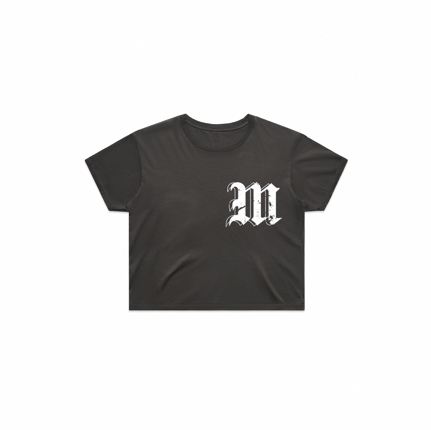 The front of MMNS Crop in Black is made of 100% USA combed cotton. 