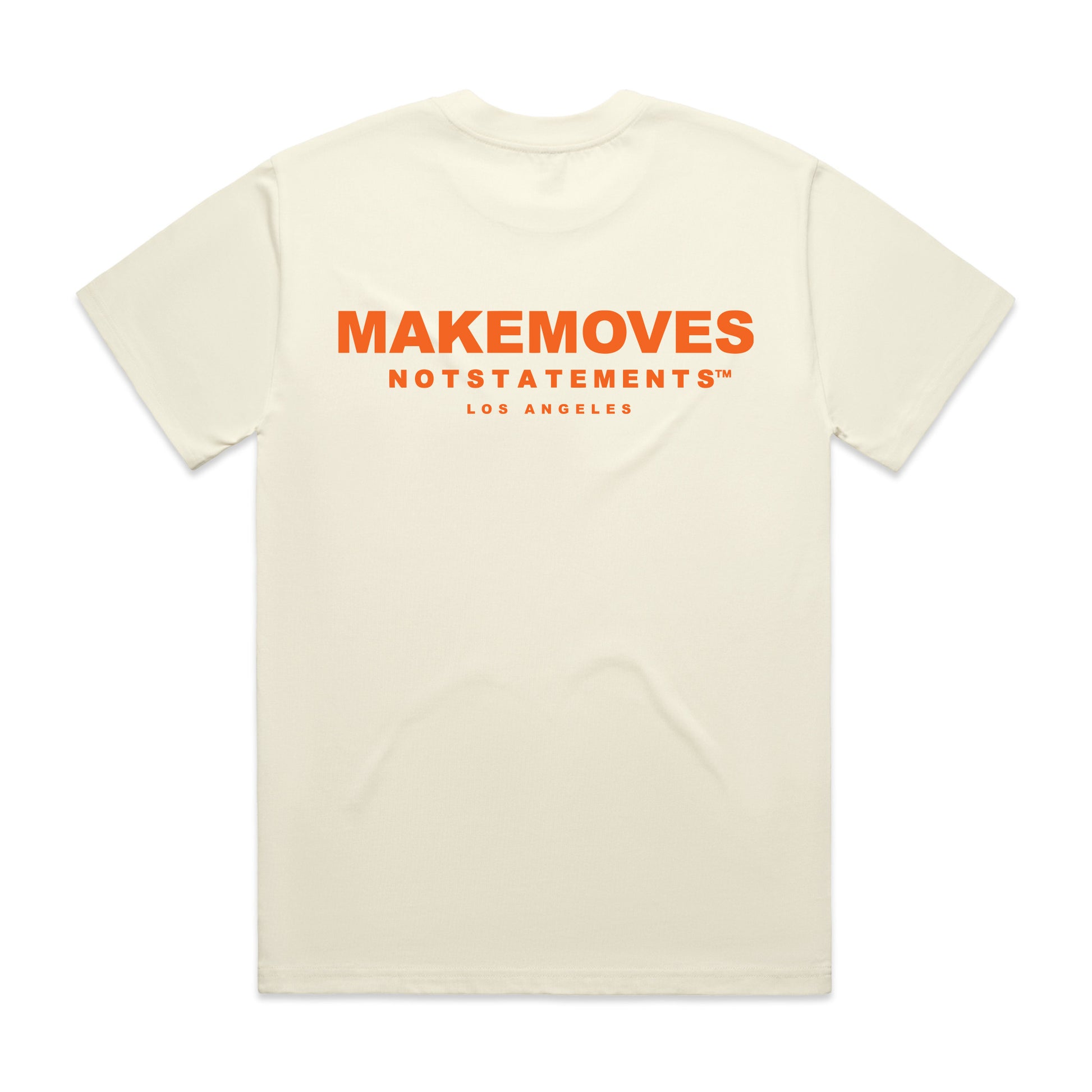 The MMNS Basic Tee in Bone is made of 100% USA combed cotton. The Basic Tee features a small MMNS corner logo on the front and a large MMNS logo on the back in orange font.