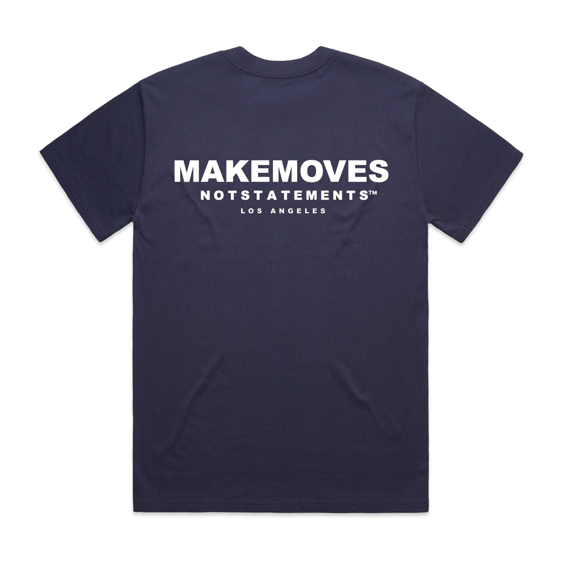 The MMNS Basic Tee in Navy is made of 100% USA combed cotton. The Basic Tee features a small MMNS corner logo on the front and a large MMNS logo on the back in white font.