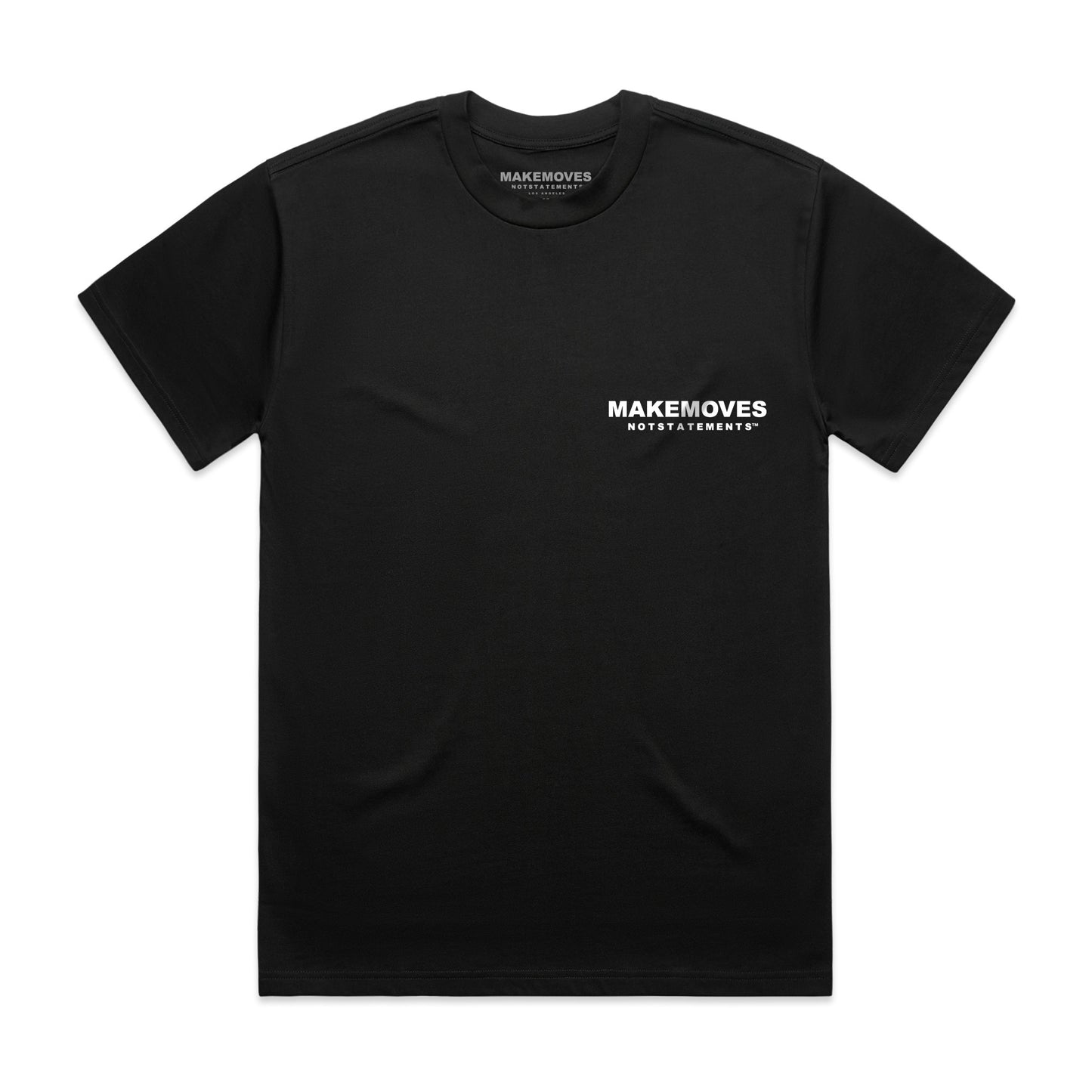 The MMNS Basic Tee in Black is made of 100% USA combed cotton. The Basic Tee features a small MMNS corner logo on the front and a large MMNS logo on the back.