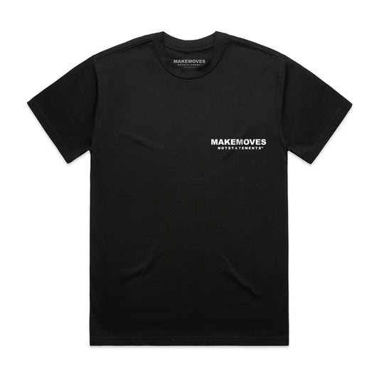 The MMNS Basic Tee in Black is made of 100% USA combed cotton. The Basic Tee features a small MMNS corner logo on the front and a large MMNS logo on the back.