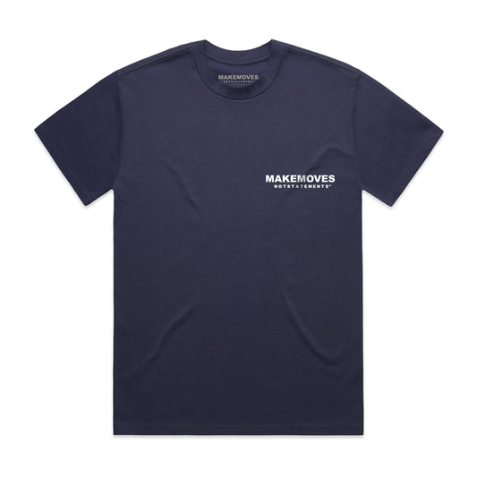The MMNS Basic Tee in Navy is made of 100% USA combed cotton. The Basic Tee features a small MMNS corner logo on the front and a large MMNS logo on the back in white font.