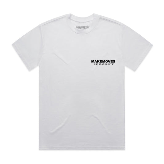 The MMNS Basic Tee in White is made of 100% USA combed cotton. The Basic Tee features a small MMNS corner logo on the front and a large MMNS logo on the back.