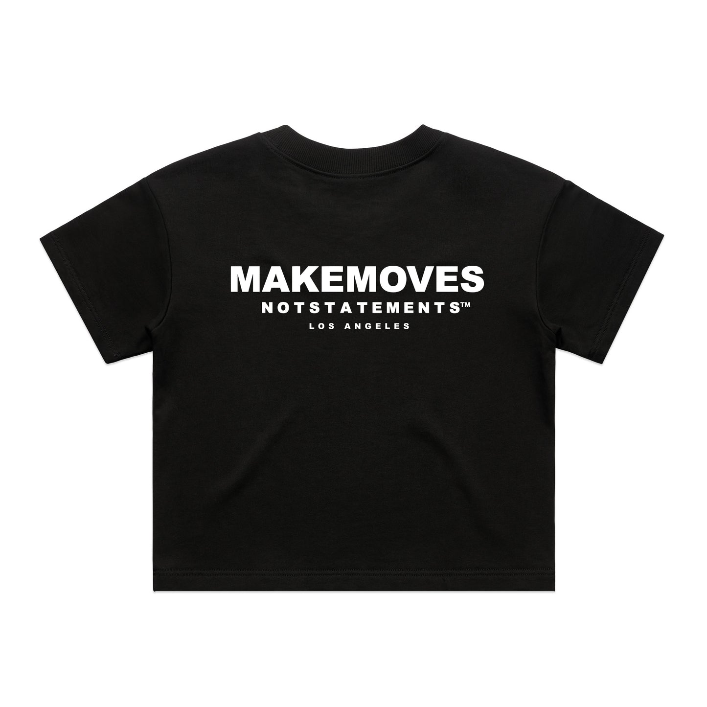 MMNS Woman's Tee in black is made of 100% cotton, french terry. The tee features a small Make Moves Not Statements logo on the front corner and a large logo on the back in white font.