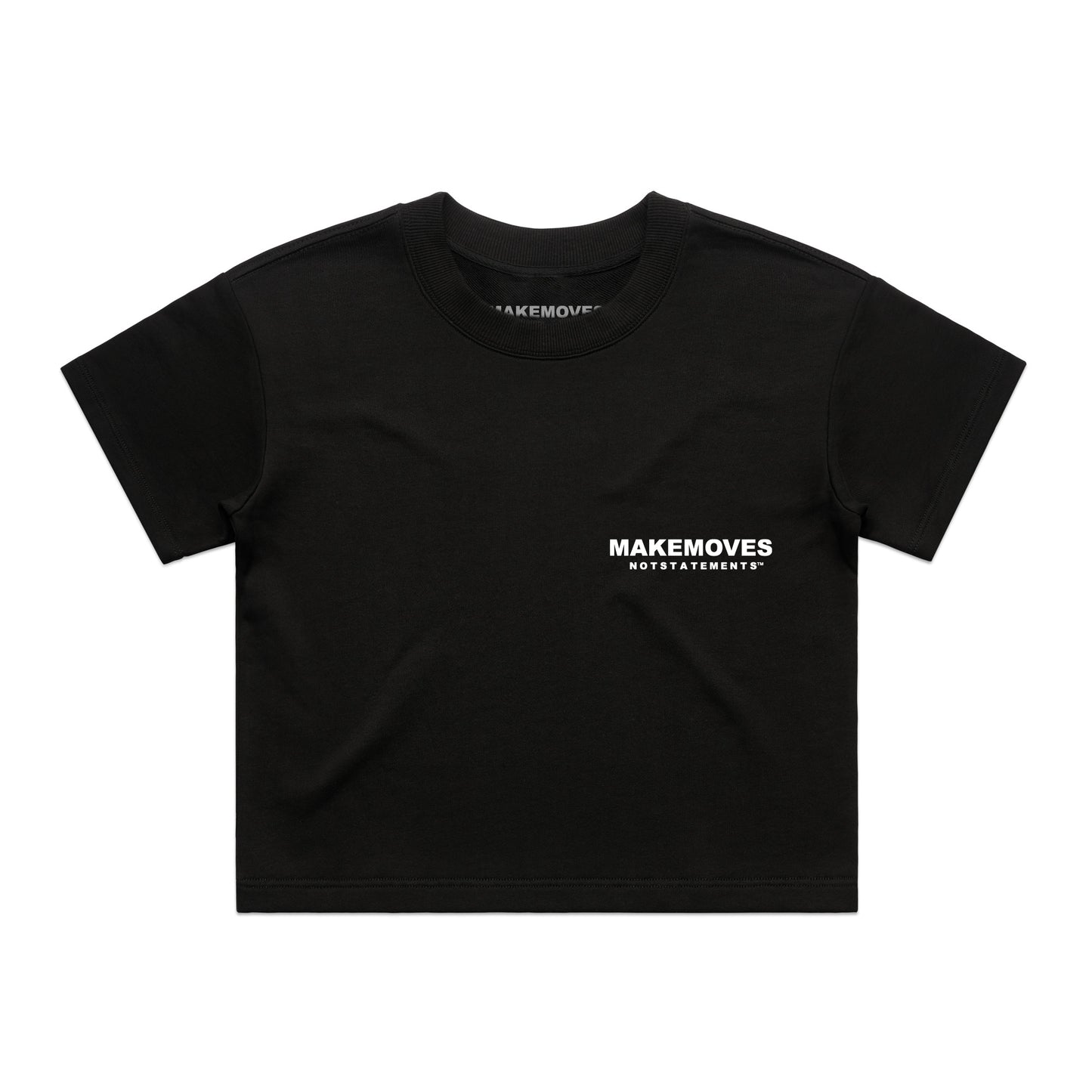 MMNS Woman's Tee in black is made of 100% cotton, french terry. The tee features a small Make Moves Not Statements logo on the front corner and a large logo on the back in white font.