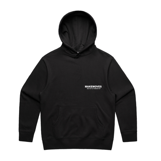 Make Moves Not Statements Luxury Hoodie featuring 100% cotton and is heavy fleece. The front of the luxury hoodie features a corner logo. 